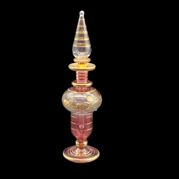 Egyptian Hand Blown Glass Perfume Bottle Cranberry  Clear W/ Gold Trim 5.5" - Picture 1 of 4